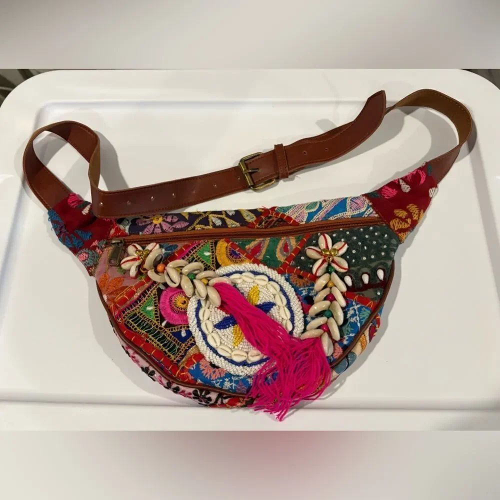 Handcrafted Multicolor Embroidered Crossbody Bag with Shell & Tassel Detail